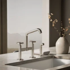 Two-hole bridge kitchen sink faucet with side sprayer