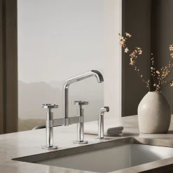 Two-hole bridge kitchen sink faucet with side sprayer