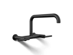 Two-hole wall-mount bridge kitchen sink faucet