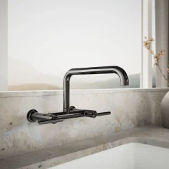 Two-hole wall-mount bridge kitchen sink faucet