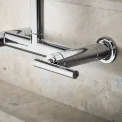 Two-hole wall-mount bridge kitchen sink faucet