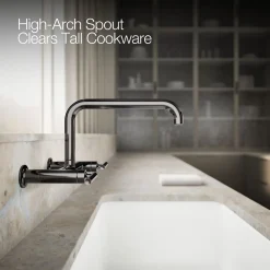 Two-hole wall-mount bridge kitchen sink faucet