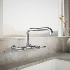 Two-hole wall-mount bridge kitchen sink faucet