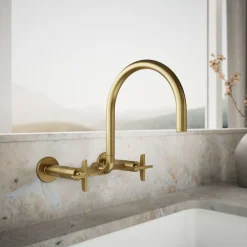 Two-hole wall-mount bridge kitchen sink faucet