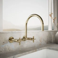 Two-hole wall-mount bridge kitchen sink faucet