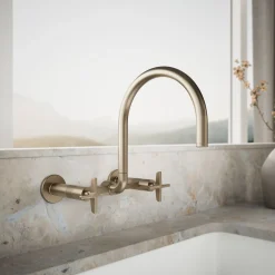 Two-hole wall-mount bridge kitchen sink faucet