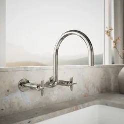 Two-hole wall-mount bridge kitchen sink faucet