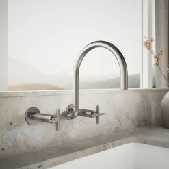 Two-hole wall-mount bridge kitchen sink faucet