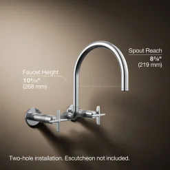 Two-hole wall-mount bridge kitchen sink faucet