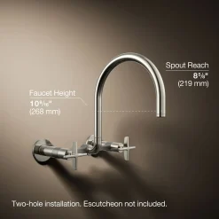 Two-hole wall-mount bridge kitchen sink faucet
