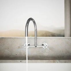 Two-hole wall-mount bridge kitchen sink faucet
