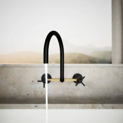 Two-hole wall-mount bridge kitchen sink faucet