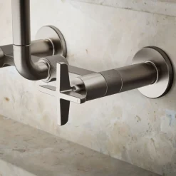 Two-hole wall-mount bridge kitchen sink faucet