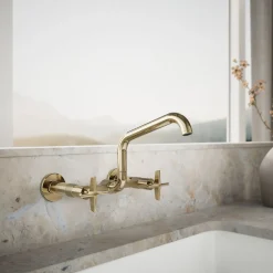 Two-hole wall-mount bridge kitchen sink faucet
