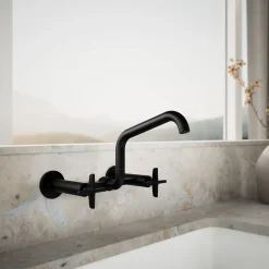 Two-hole wall-mount bridge kitchen sink faucet