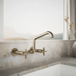 Two-hole wall-mount bridge kitchen sink faucet