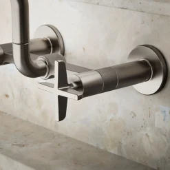 Two-hole wall-mount bridge kitchen sink faucet