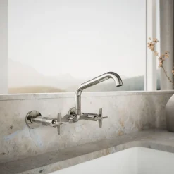 Two-hole wall-mount bridge kitchen sink faucet