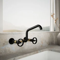 Two-hole wall-mount bridge kitchen sink faucet