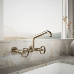 Two-hole wall-mount bridge kitchen sink faucet