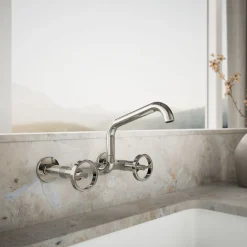 Two-hole wall-mount bridge kitchen sink faucet