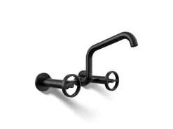 Two-hole wall-mount bridge kitchen sink faucet