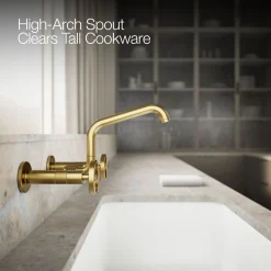 Two-hole wall-mount bridge kitchen sink faucet