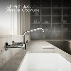 Two-hole wall-mount bridge kitchen sink faucet