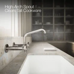 Two-hole wall-mount bridge kitchen sink faucet