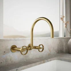 Two-hole wall-mount bridge kitchen sink faucet