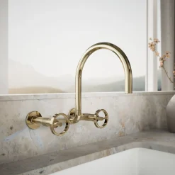 Two-hole wall-mount bridge kitchen sink faucet