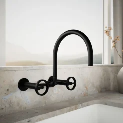 Two-hole wall-mount bridge kitchen sink faucet