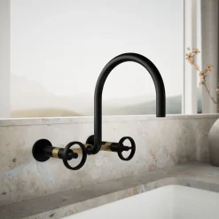 Two-hole wall-mount bridge kitchen sink faucet