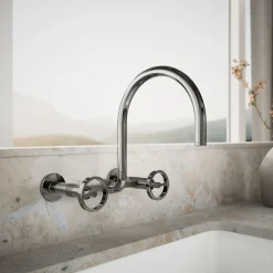 Two-hole wall-mount bridge kitchen sink faucet