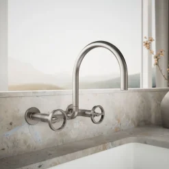 Two-hole wall-mount bridge kitchen sink faucet