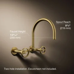 Two-hole wall-mount bridge kitchen sink faucet