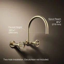 Two-hole wall-mount bridge kitchen sink faucet