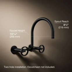 Two-hole wall-mount bridge kitchen sink faucet