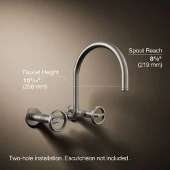 Two-hole wall-mount bridge kitchen sink faucet
