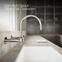 Two-hole wall-mount bridge kitchen sink faucet