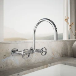 Two-hole wall-mount bridge kitchen sink faucet