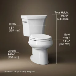 Two-piece elongated toilet, 1.28 gpf