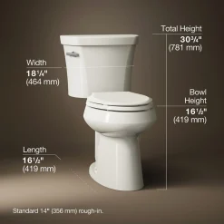 Two-piece elongated toilet, 1.28 gpf