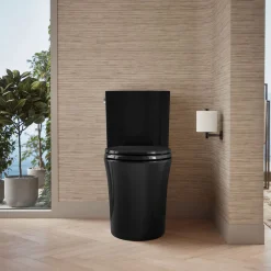 Two-piece elongated toilet with skirted trapway, 1.28 gpf