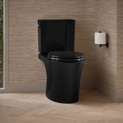 Two-piece elongated toilet with skirted trapway, 1.28 gpf