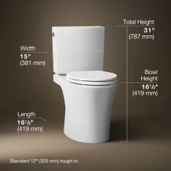 Two-piece elongated toilet with skirted trapway, 1.28 gpf