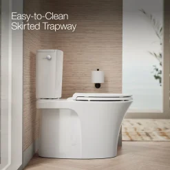 Two-piece elongated toilet with skirted trapway, 1.28 gpf