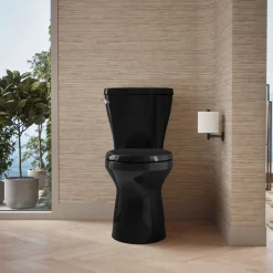 Two-piece elongated toilet with skirted trapway, 1.28 gpf