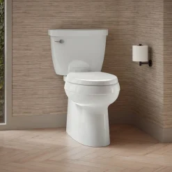 Two-piece elongated toilet with skirted trapway, 1.28 gpf