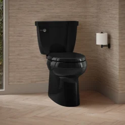 Two-piece elongated toilet with skirted trapway, 1.28 gpf